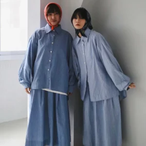 3x3 studio｜直紋系寬闊繭型襯衫+鬆緊半身裙 /套裝可拆買